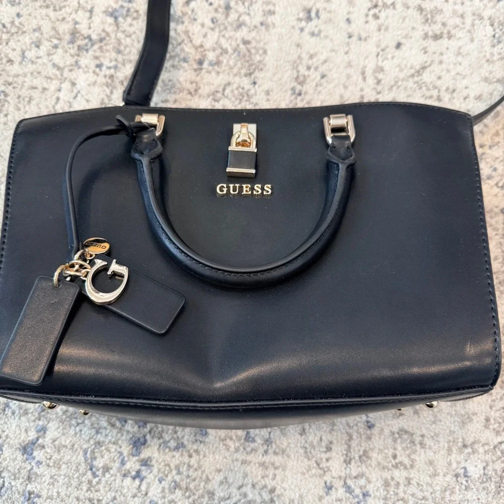 Guess Black Faux‎ Leather Satchel Crossbody Handbag Gold Hardware Lock Detail